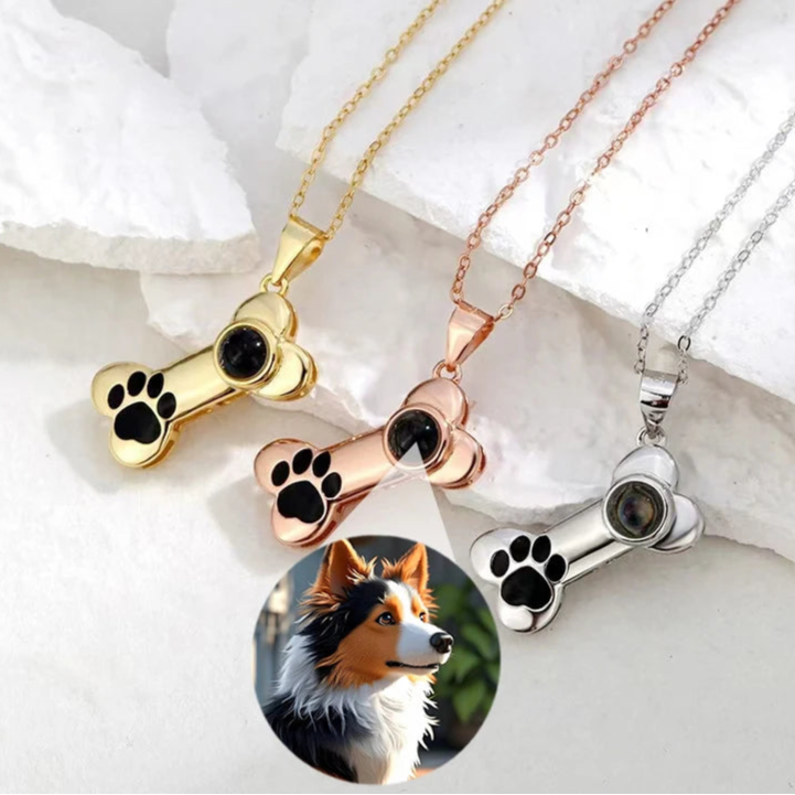Personalisierte Halskette mit Hundeknochen und Foto-Projektion in Gold, Silber oder Roségold