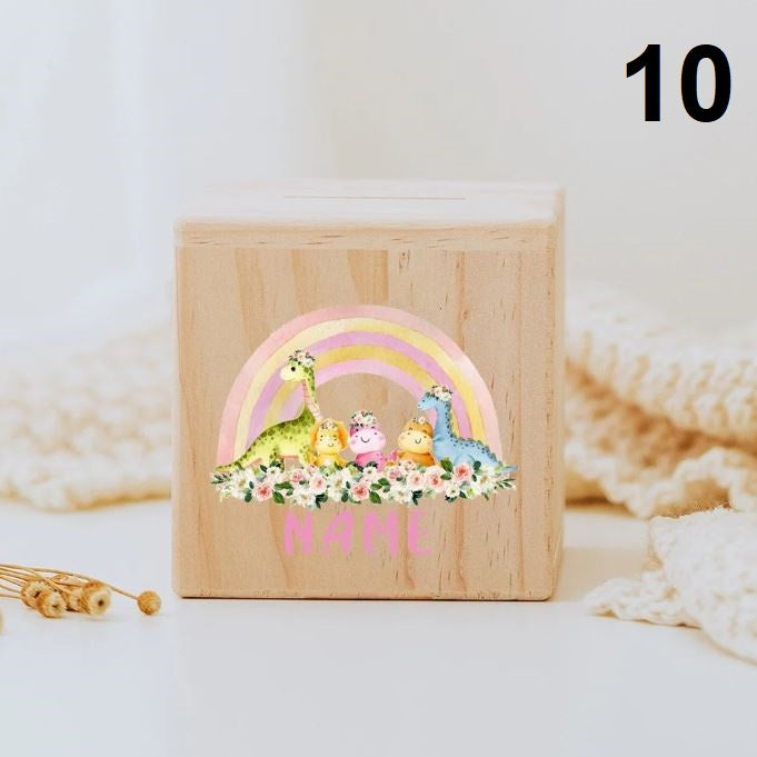 Personalisiertes Sparschwein aus Holz mit Tiermotiv und Namen für Kinder