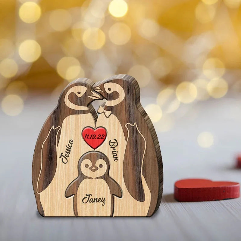 Pinguin-Familienpuzzle aus Holz mit personalisierten Namen