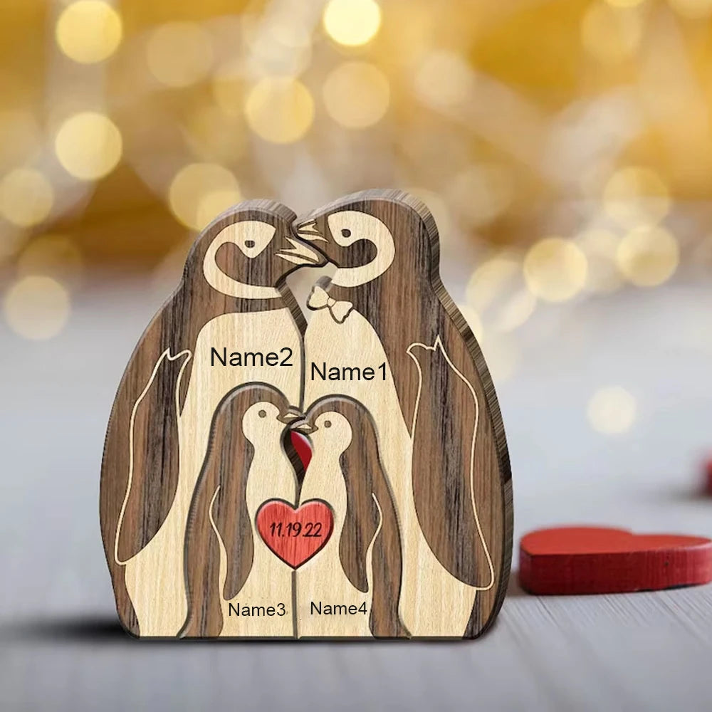 Pinguin-Familienpuzzle aus Holz mit personalisierten Namen