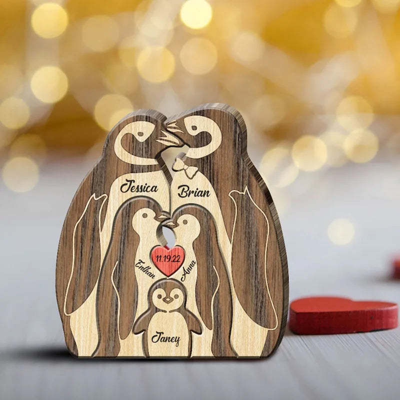 Pinguin-Familienpuzzle aus Holz mit personalisierten Namen