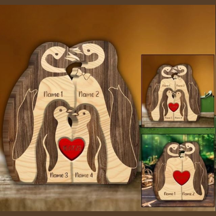 Pinguin-Familienpuzzle aus Holz mit personalisierten Namen