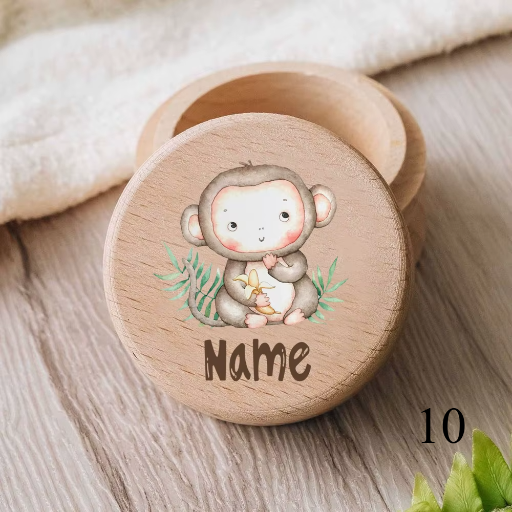 Zahnbox aus Holz mit graviertem Namen und Tiermotiv für Kinder