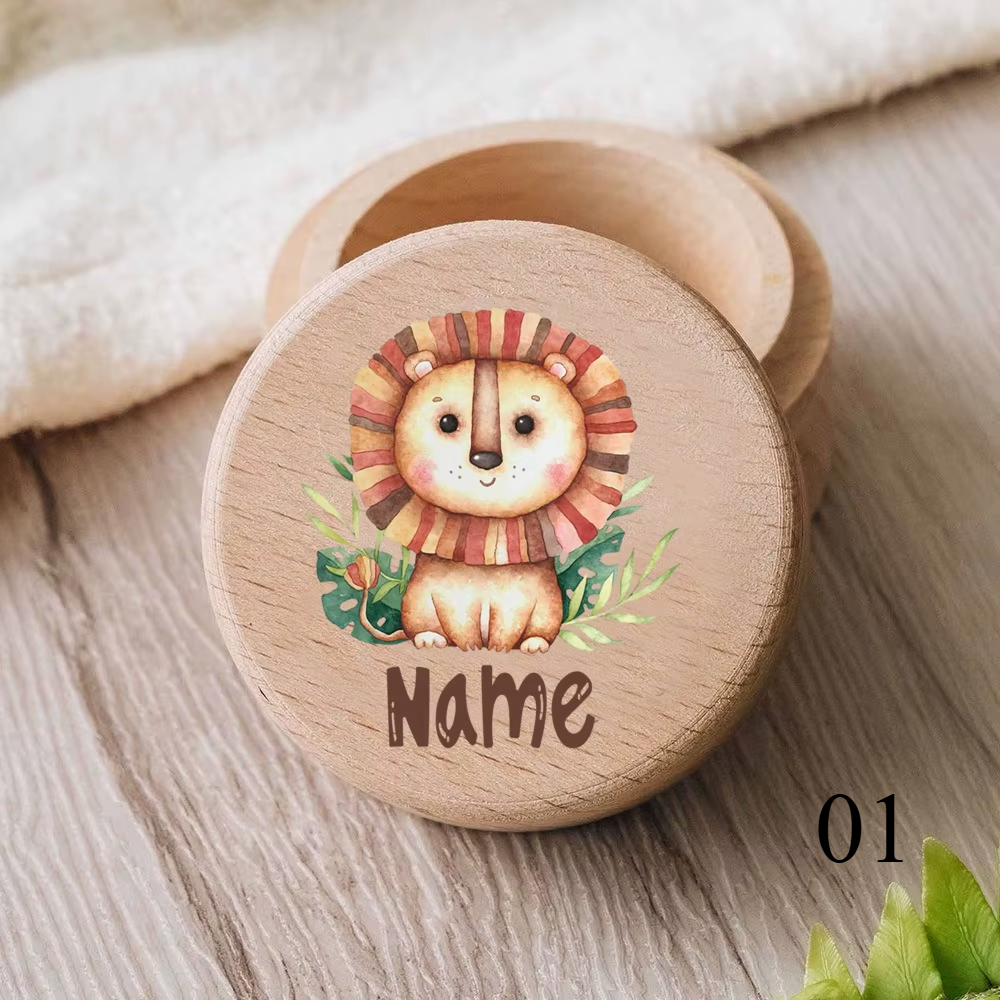 Zahnbox aus Holz mit graviertem Namen und Tiermotiv für Kinder