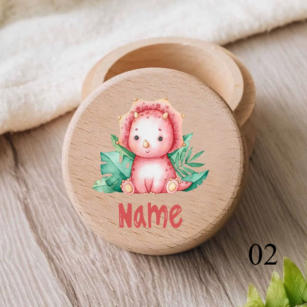 Zahnbox aus Holz mit graviertem Namen und Tiermotiv für Kinder