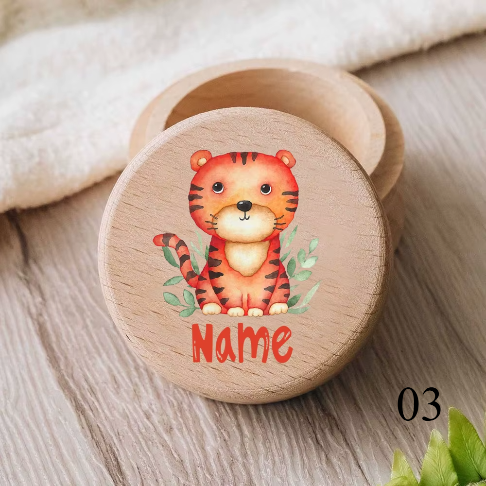 Zahnbox aus Holz mit graviertem Namen und Tiermotiv für Kinder