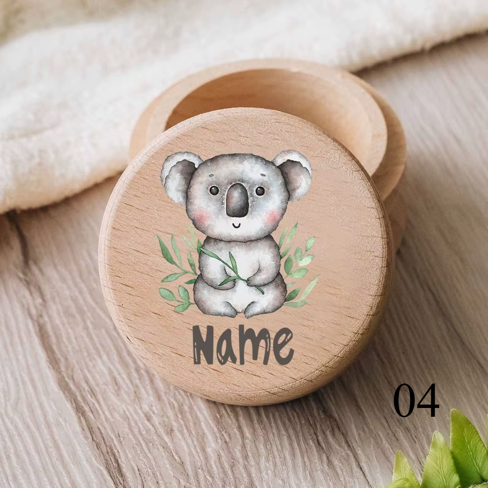 Zahnbox aus Holz mit graviertem Namen und Tiermotiv für Kinder