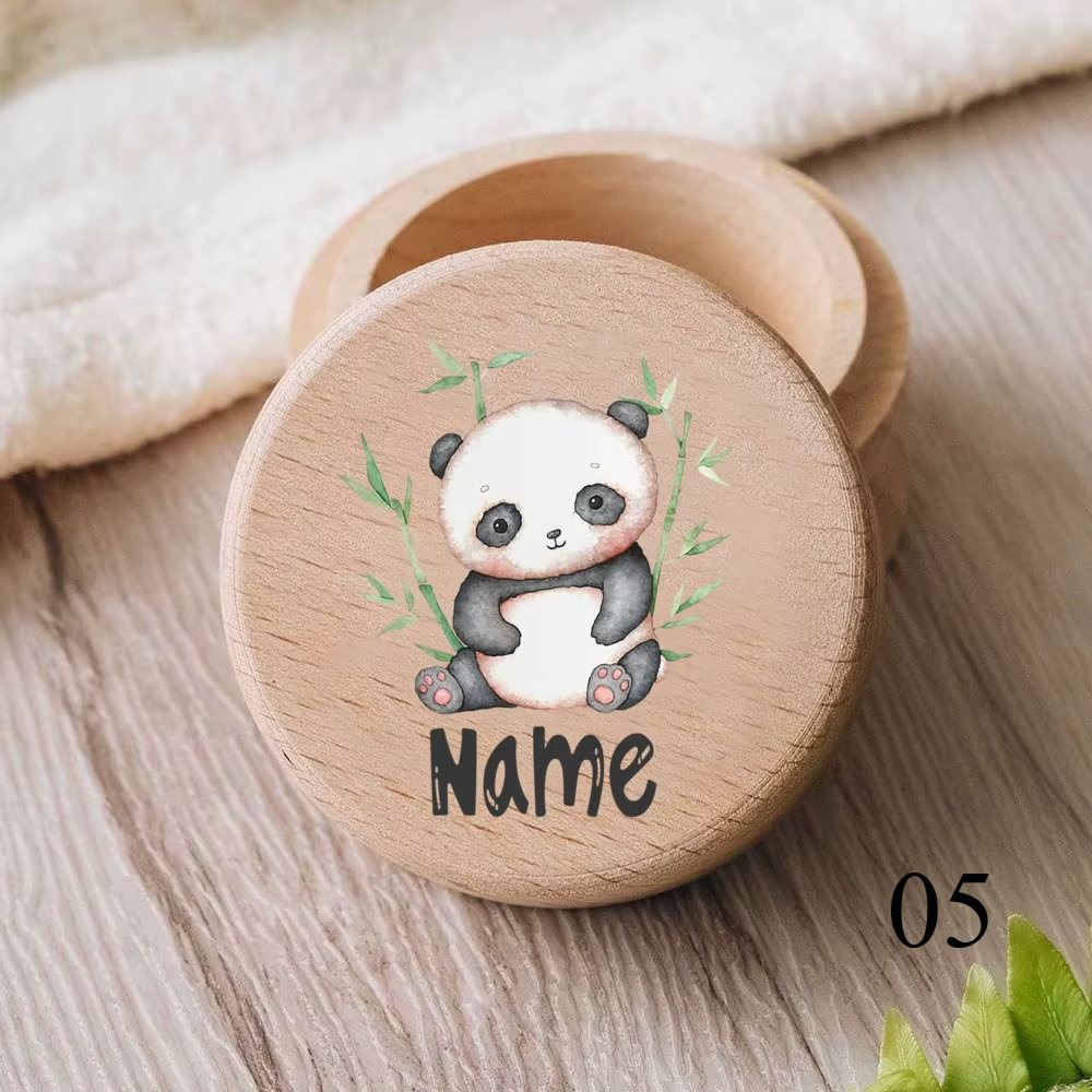 Zahnbox aus Holz mit graviertem Namen und Tiermotiv für Kinder