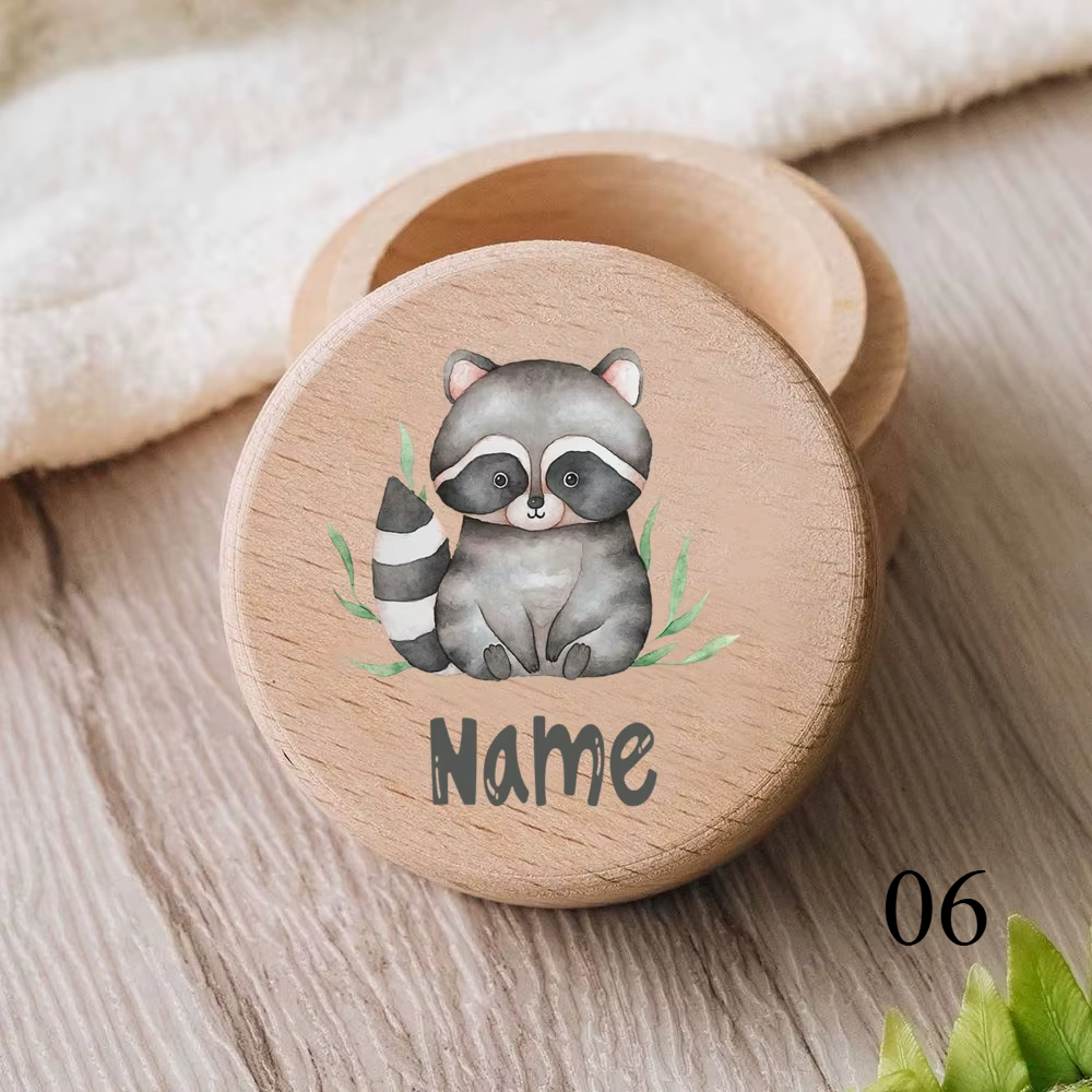 Zahnbox aus Holz mit graviertem Namen und Tiermotiv für Kinder