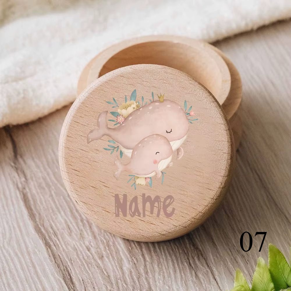 Zahnbox aus Holz mit graviertem Namen und Tiermotiv für Kinder