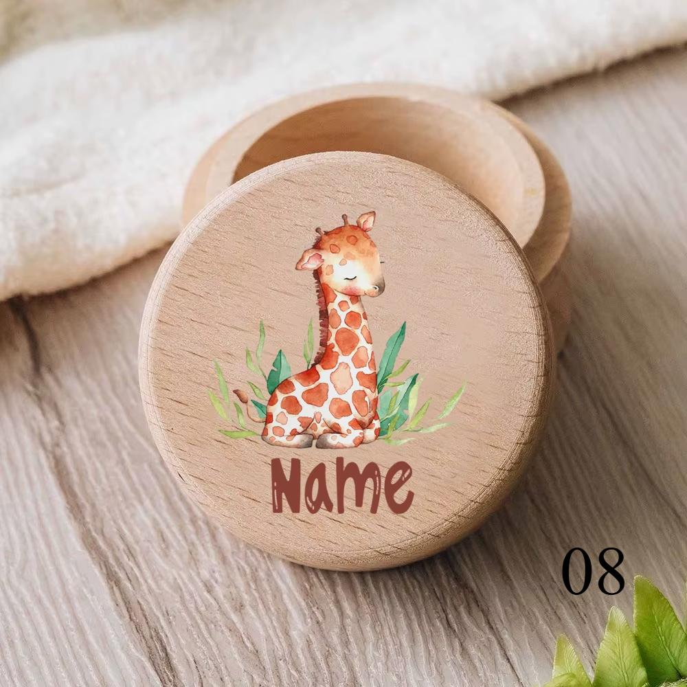Zahnbox aus Holz mit graviertem Namen und Tiermotiv für Kinder