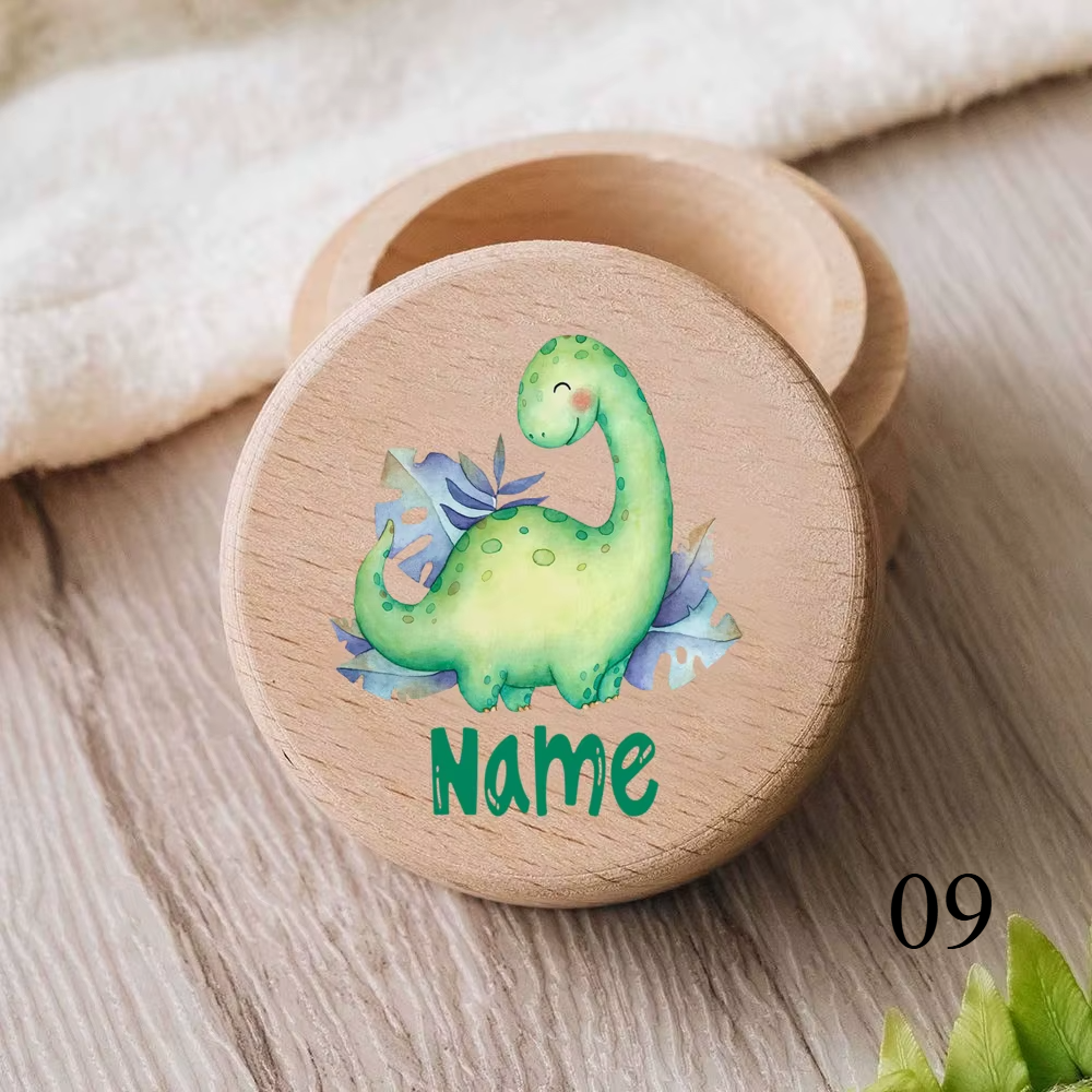 Zahnbox aus Holz mit graviertem Namen und Tiermotiv für Kinder